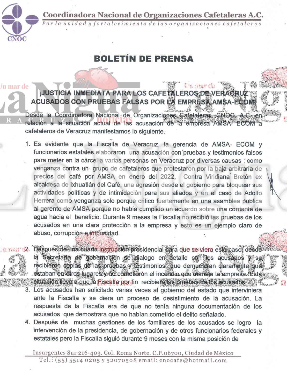 CNOC exige justicia para cafetaleros acusados injustamente por AMSA-ECOM
